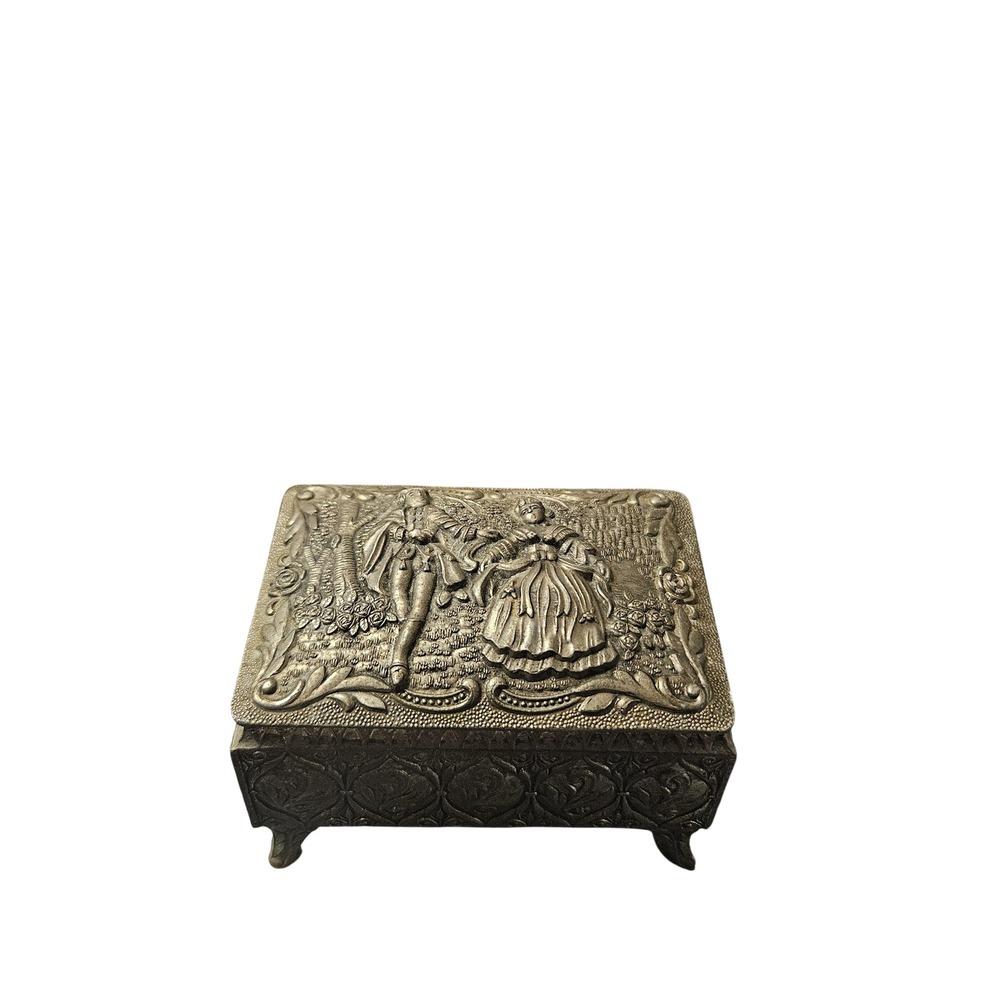Vintage Ornate Metal Jewelry Box with Figural Design Trinket Keepsake Decor